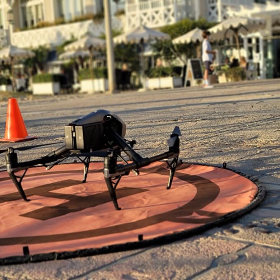 DJI Inspire 2 on landing pad at Huntington Beach