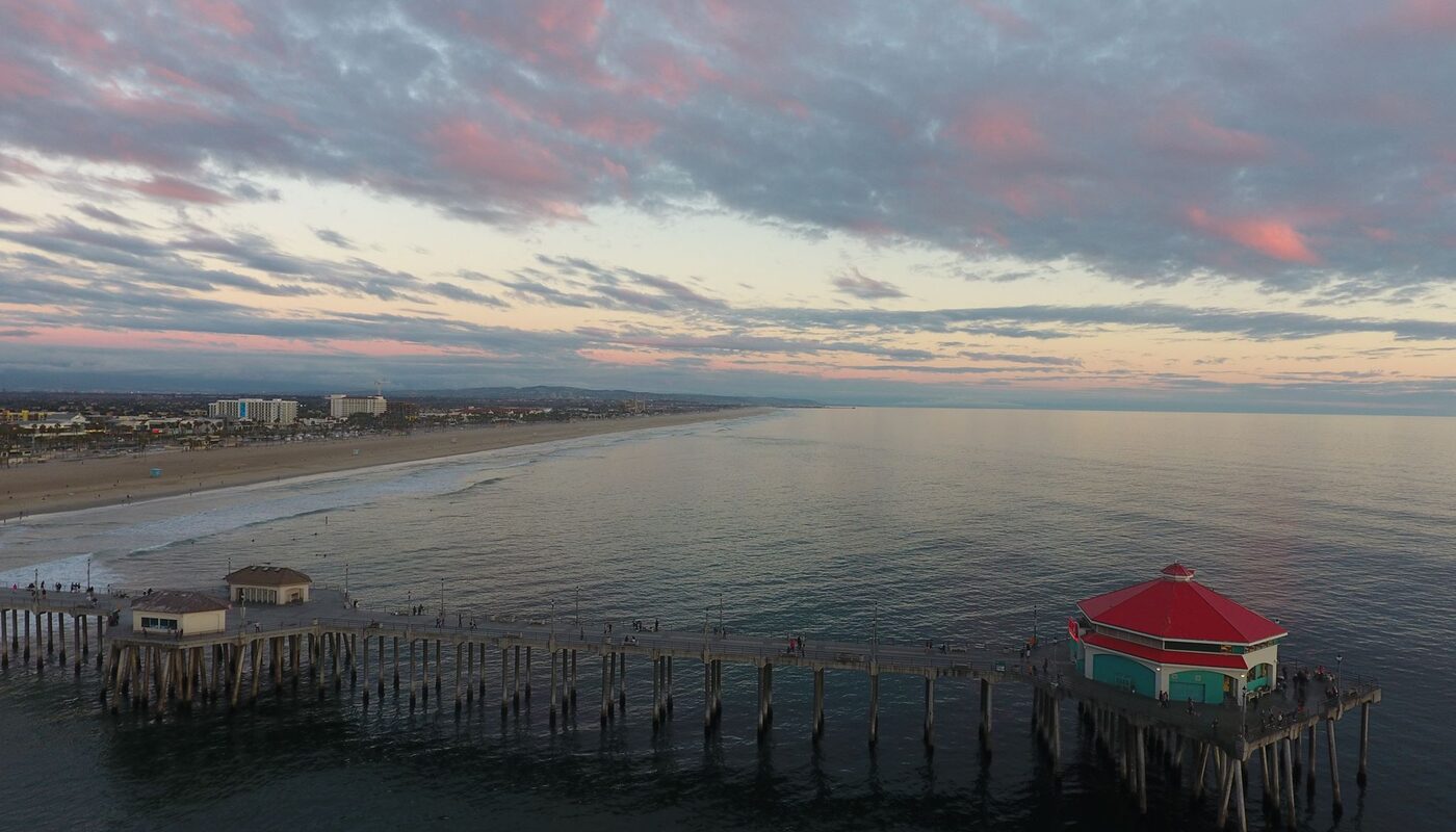 Huntington Beach Pier aerial drone shot at dusk