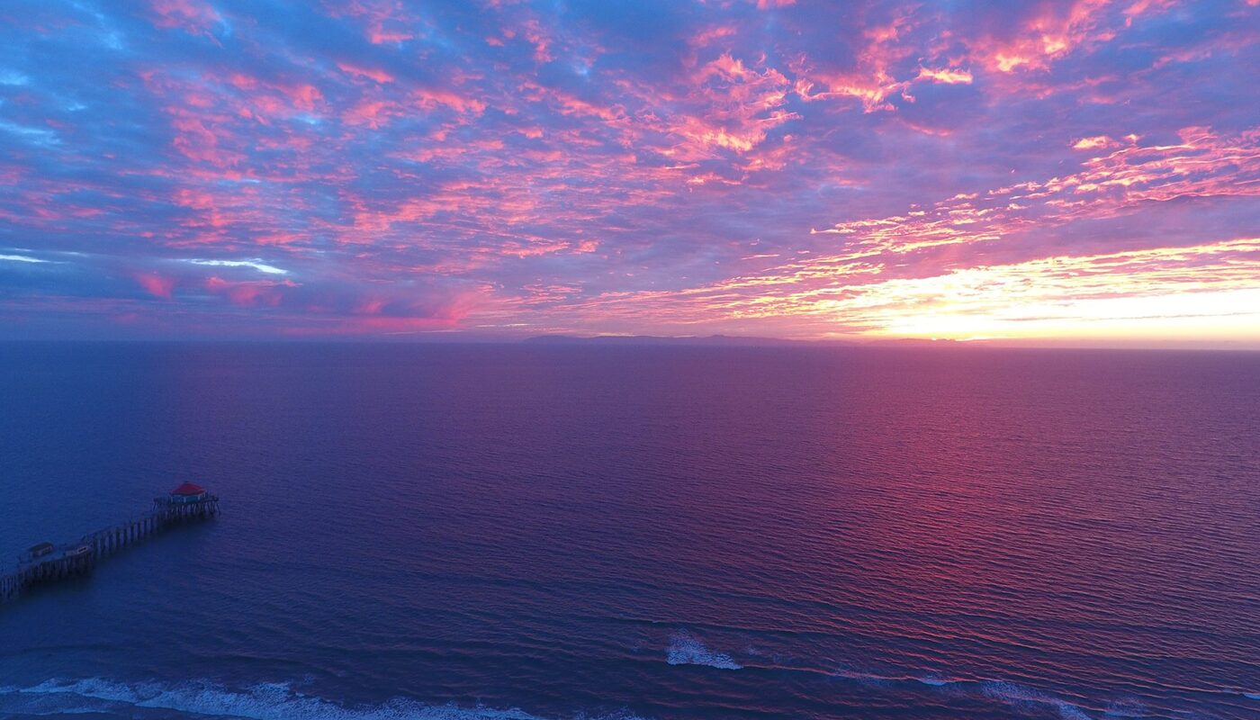 Huntington Beach pier sunset drone photo